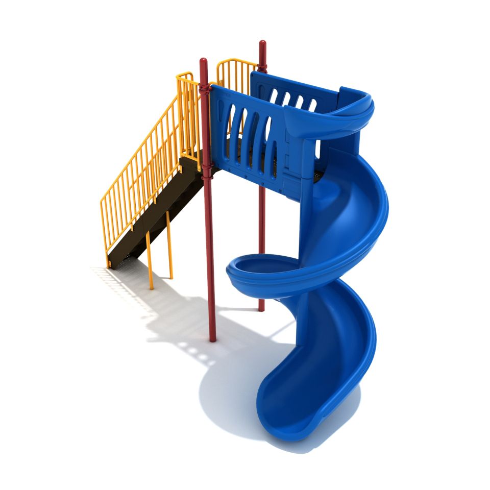 8-foot Open Spiral Slide in Pacific Blue with Sunglow Yellow and Brick Red Posts